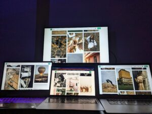 A modern digital setup with multiple screens showcasing diverse photographs, ideal for creatives.
